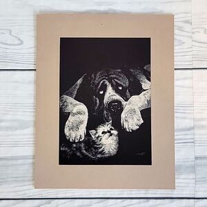 Rudy Droguett "Babysitter" dog and cat print vintage 1976